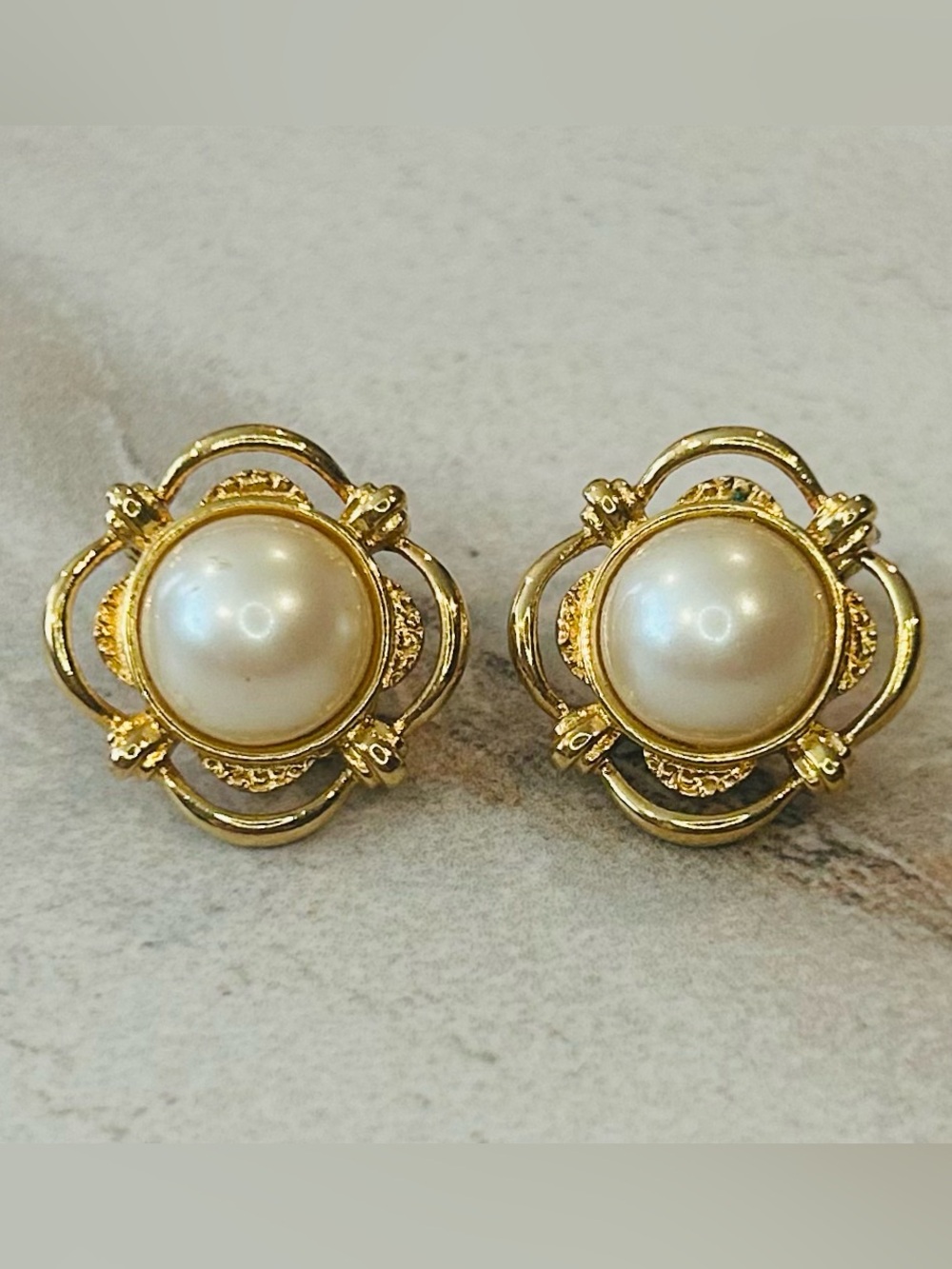 Vintage Monet Faux Pearl and Gold Toned Clip On Statement Earrings